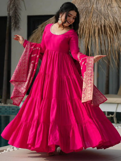 Beautiful Pink Chanderi Silk Wedding Wear Anarkali Suit With Banarasi Dupatta